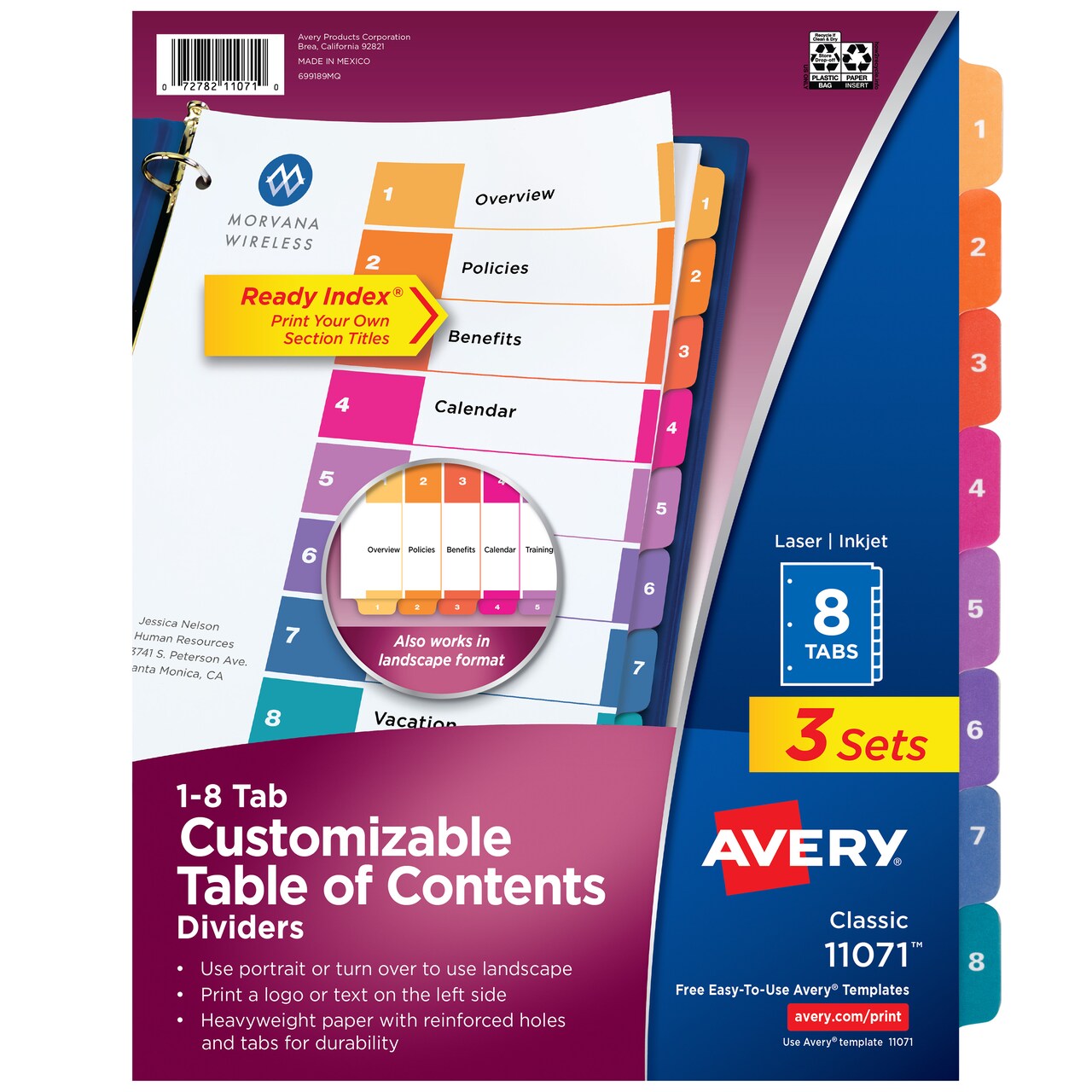 Avery Dividers for 3 Ring Binders, 8 Tabs per Set, Customizable Table of Contents, Multicolor Tabs (3 Sets of 11071)